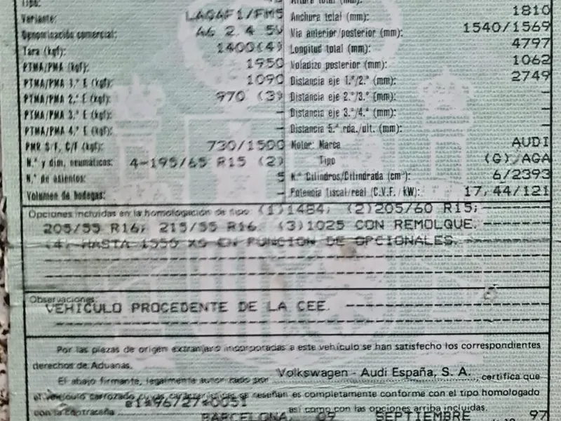 DESPIECE COMPLETO AUDI A6 2.4i 4p.'98.