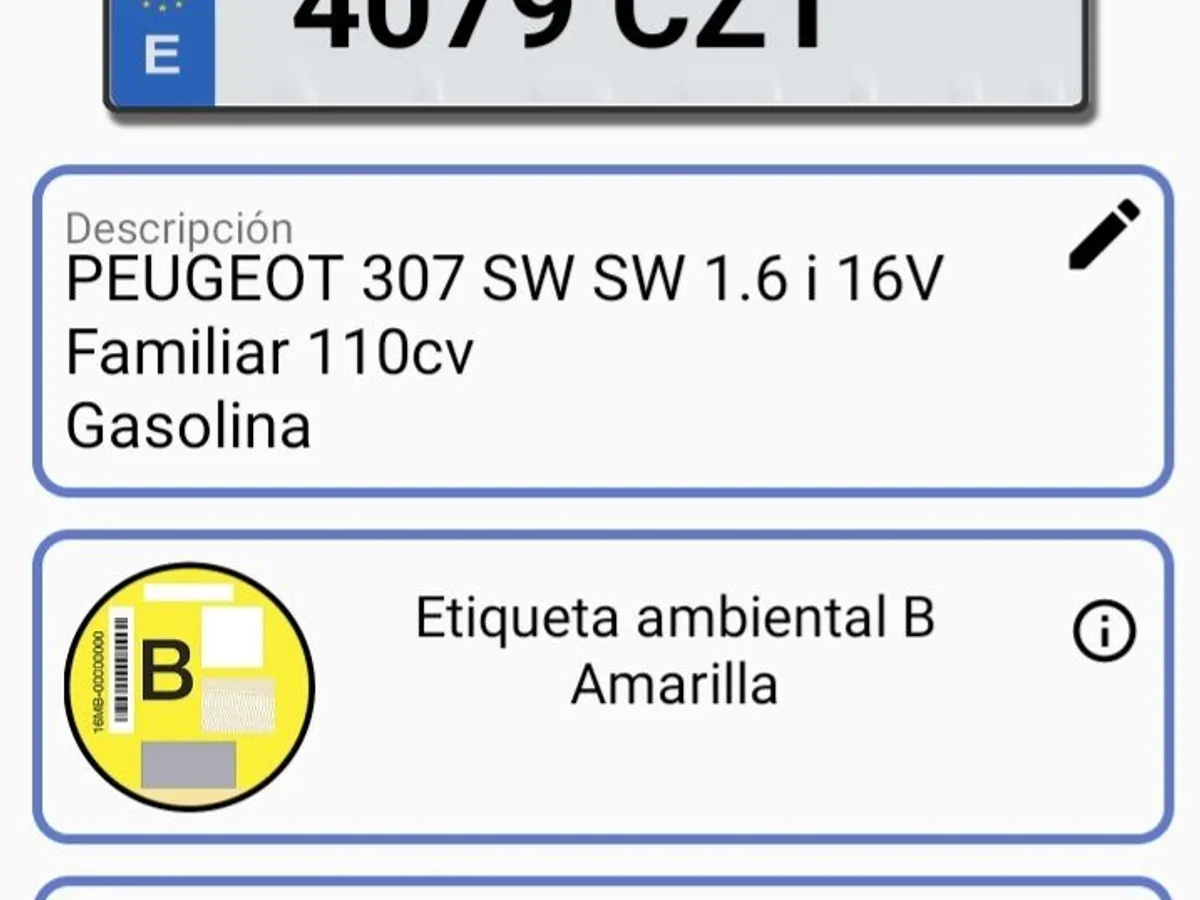 PEUGEOT 307 SW 1.6i 7plazas ETIQUETA B